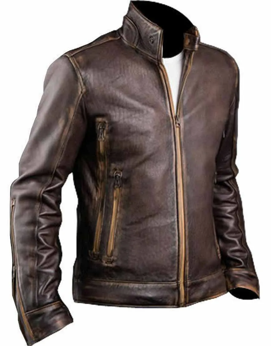 Men's Cafe Racer Distressed Leather Jacket | 40% OFF!