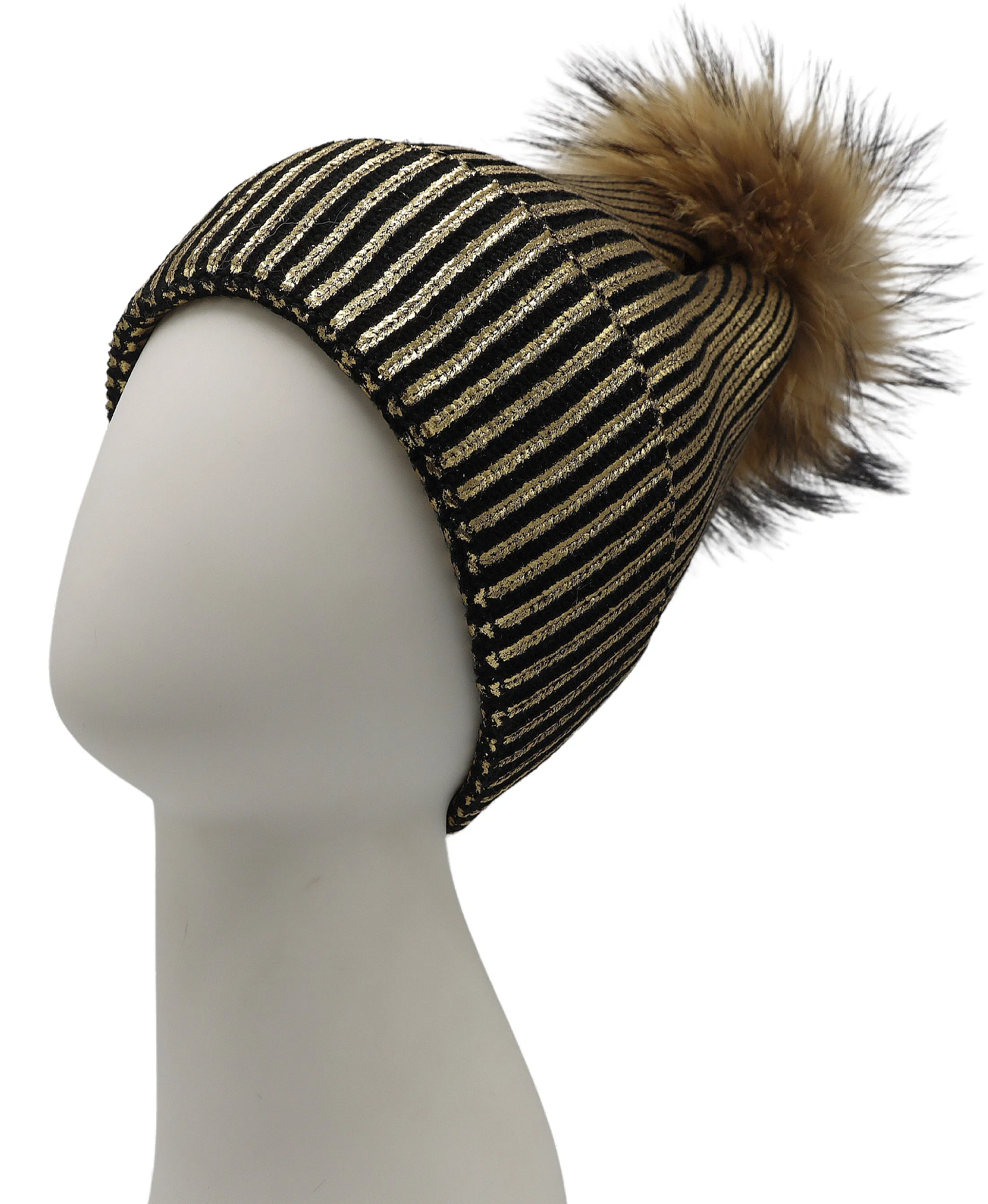 Metallic Knit Ribbed Hat w/ Fur Pom