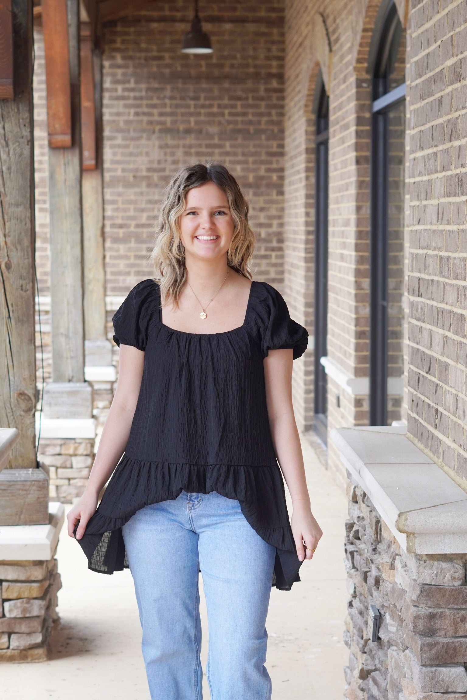 Molly Puff Sleeve Tiered Black Top