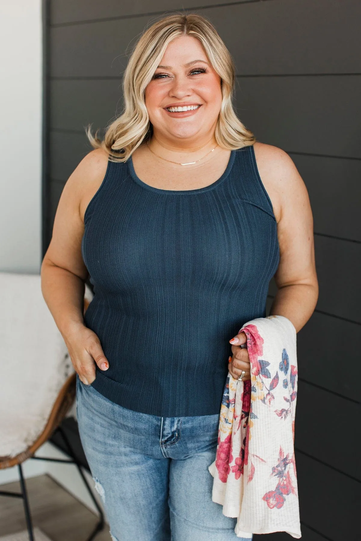 Never Say Goodbye Ribbed Tank Top- Dark Navy