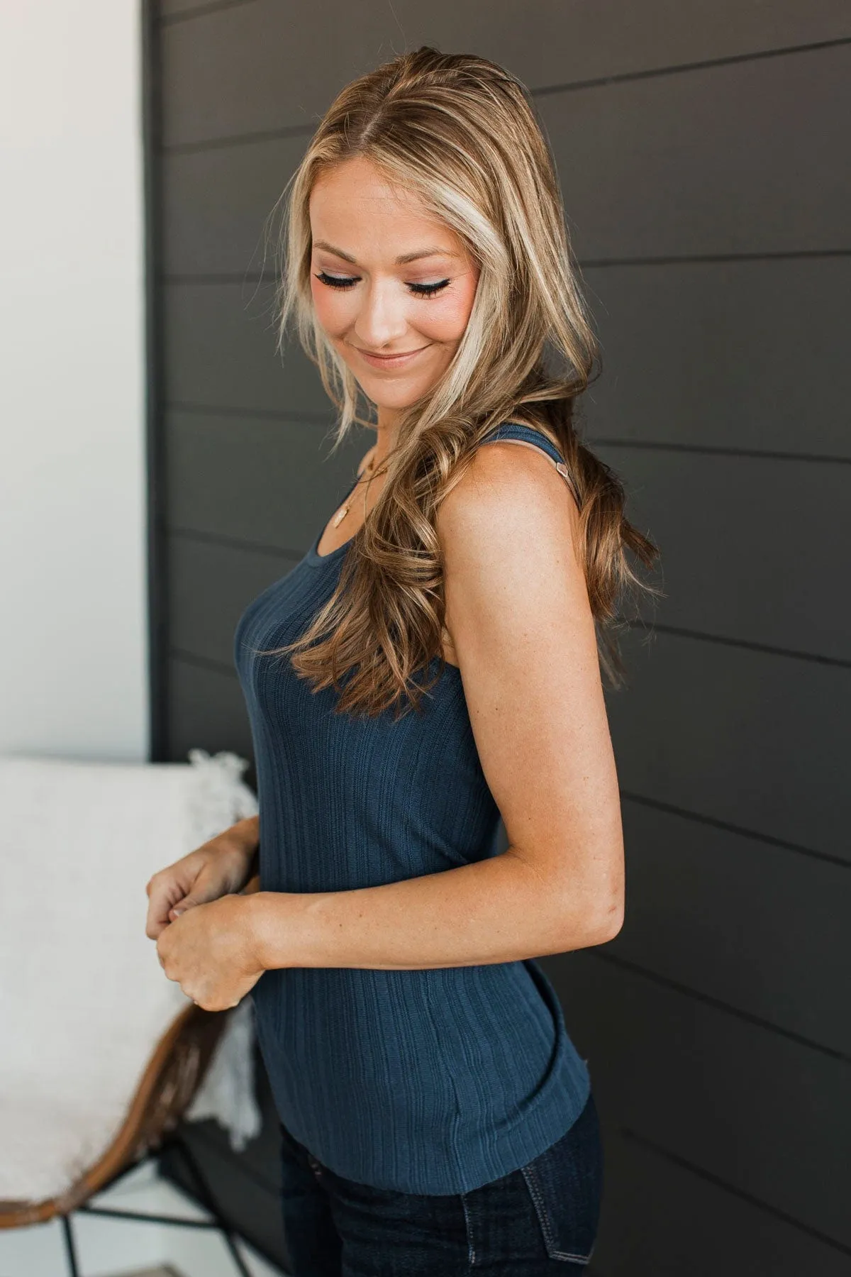 Never Say Goodbye Ribbed Tank Top- Dark Navy