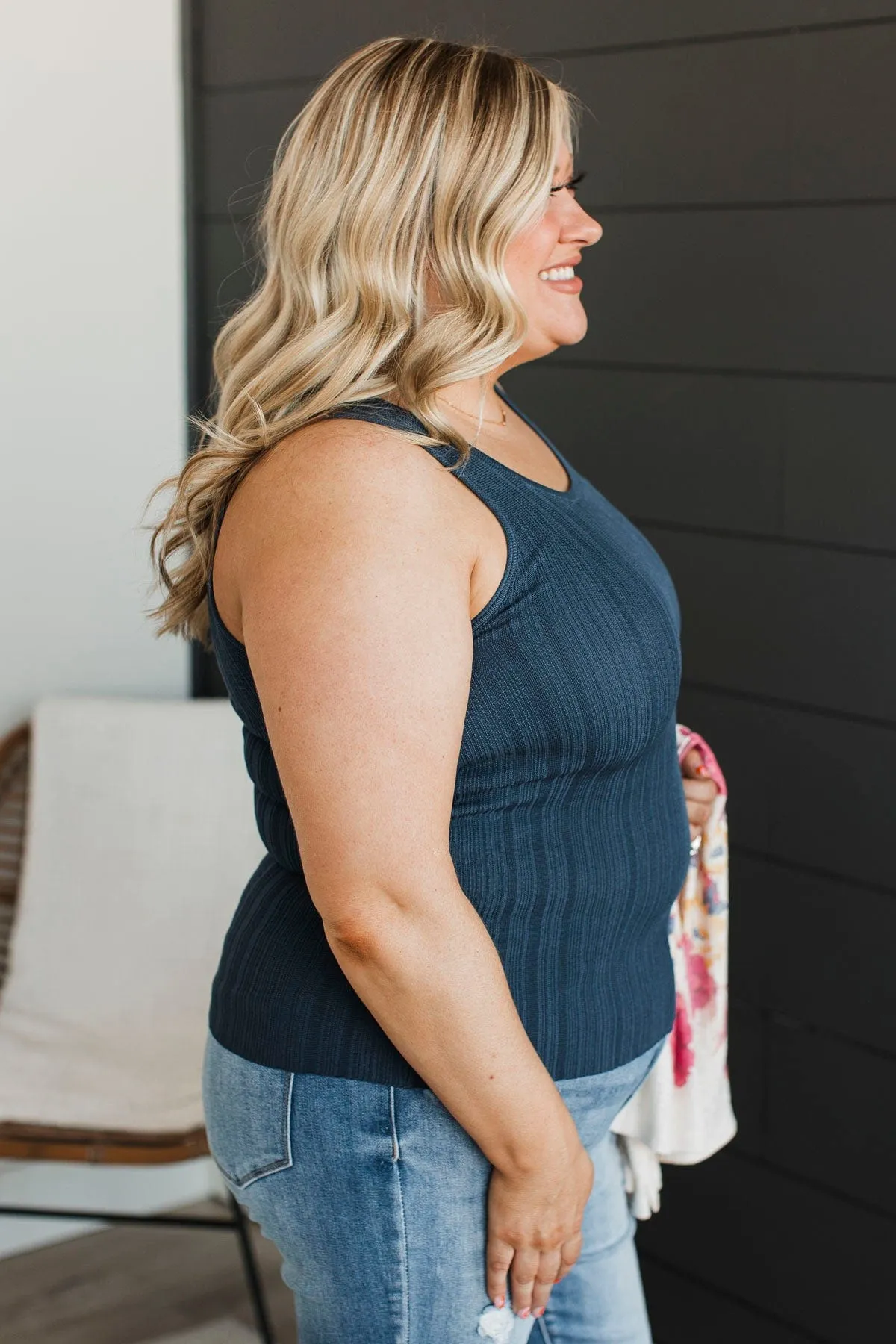 Never Say Goodbye Ribbed Tank Top- Dark Navy