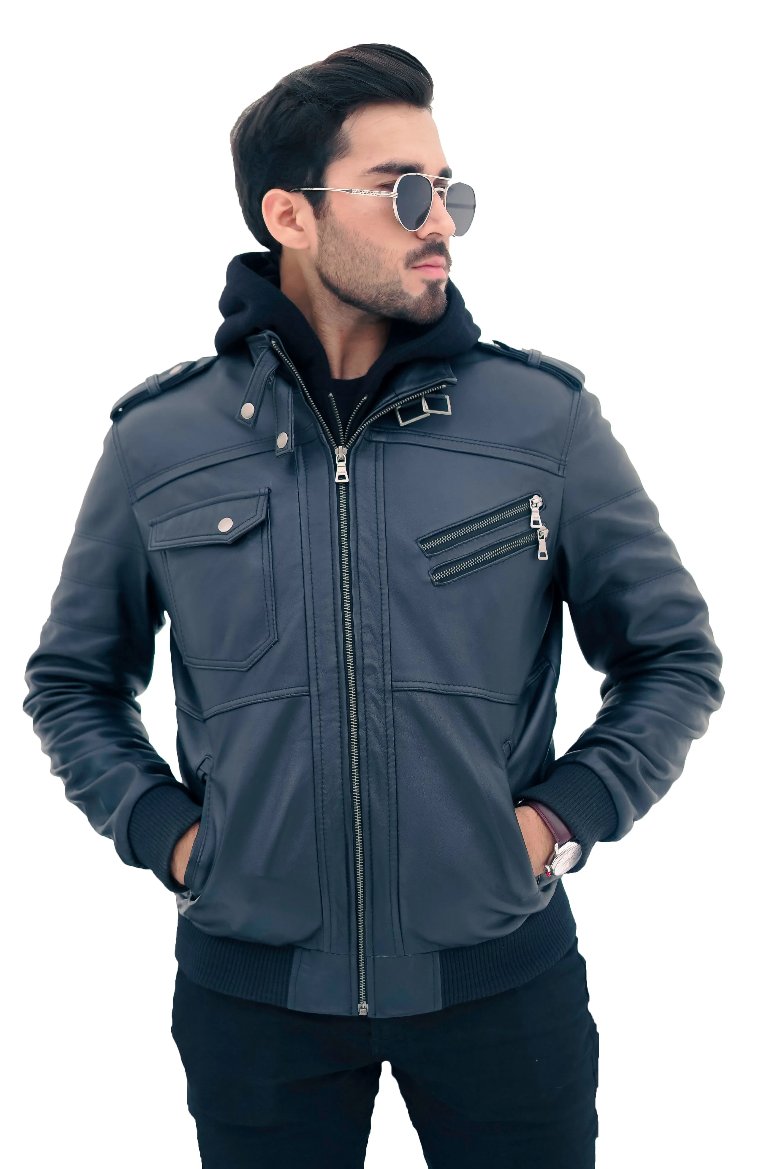 New Mens Genuine Real Leather Jacket Black Bomber Winter Hooded Jacket Coat