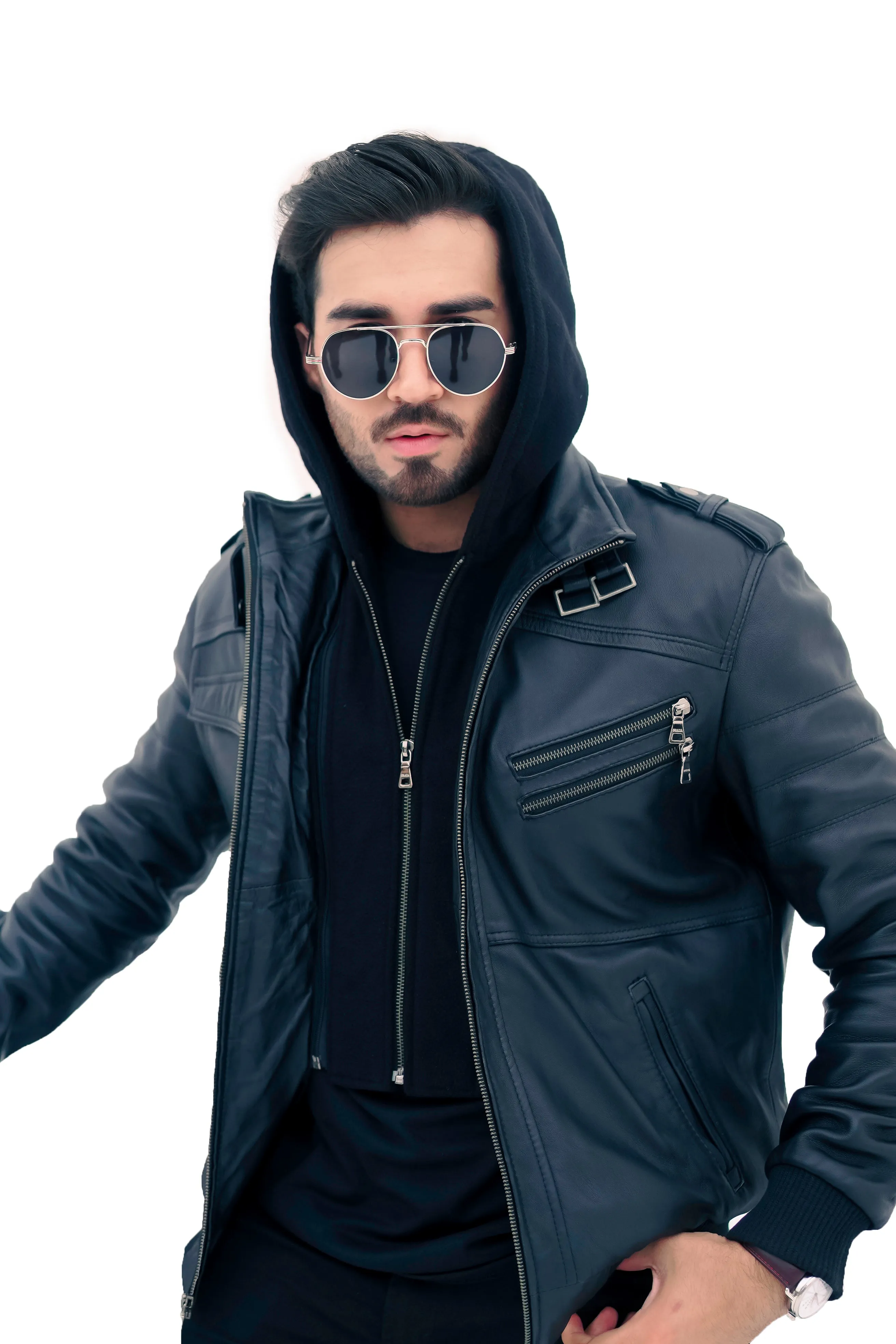 New Mens Genuine Real Leather Jacket Black Bomber Winter Hooded Jacket Coat