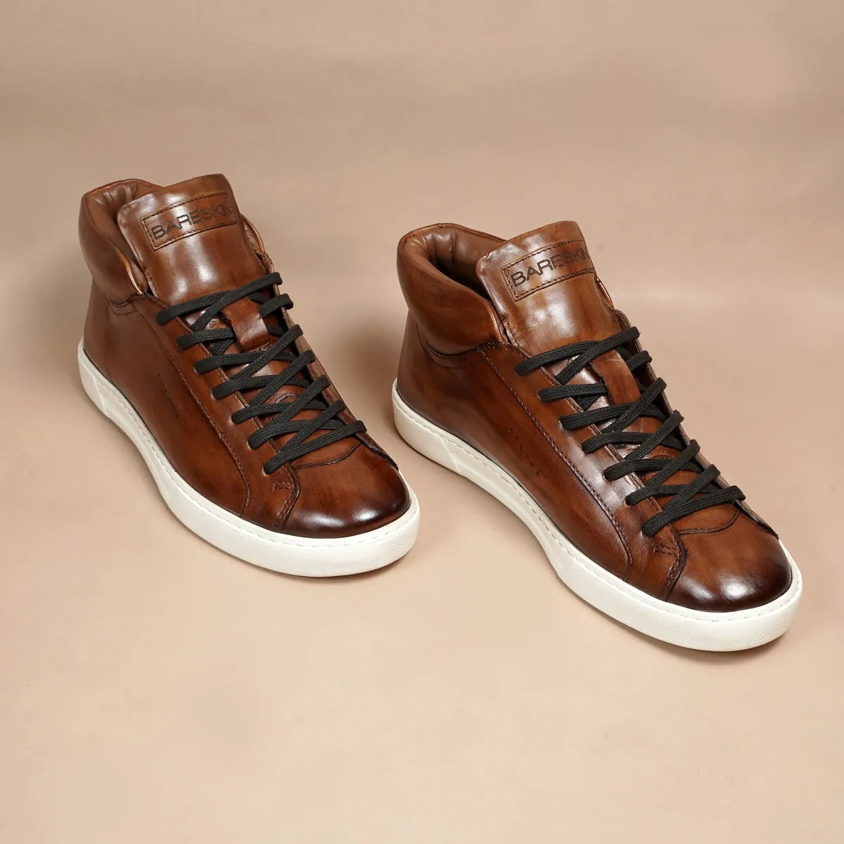 Paint Brush Look Casual Sneaker with Lace-Up Closure in Genuine Brown Leather