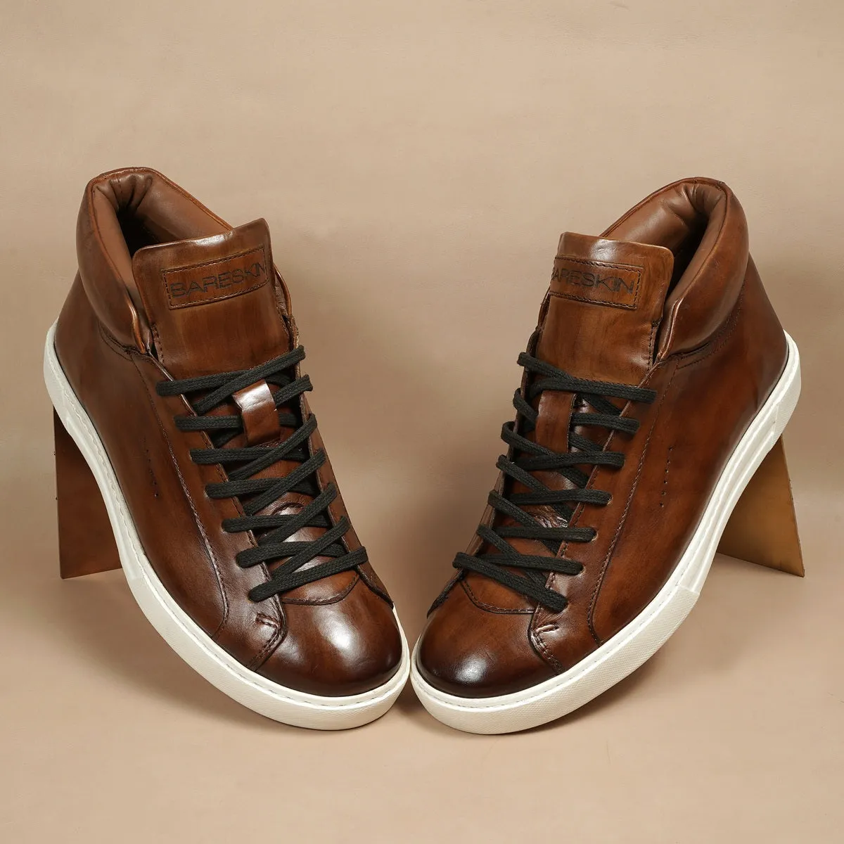 Paint Brush Look Casual Sneaker with Lace-Up Closure in Genuine Brown Leather