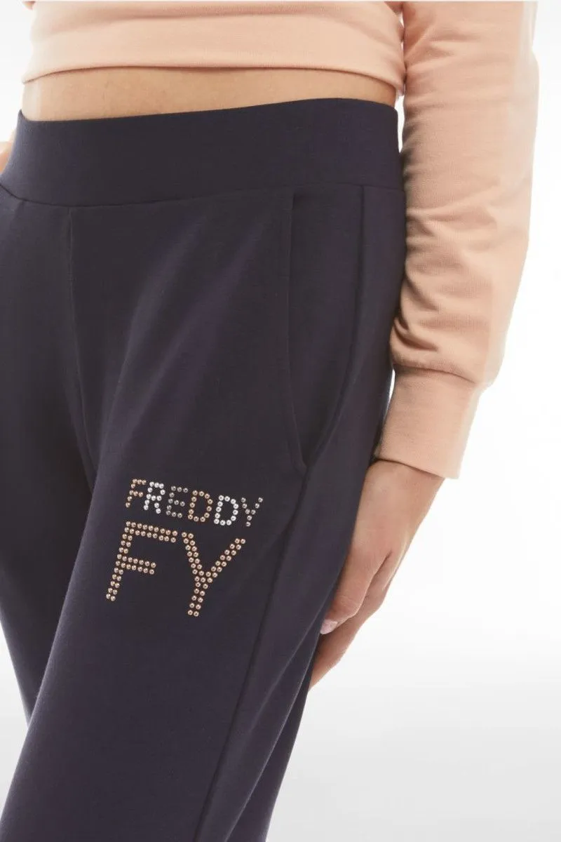 Pantaloni in french terry modal 7/8 con risvolto sul fondo donna Blu