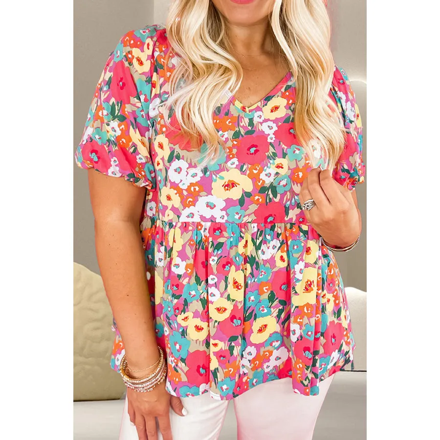 Peplum Floral V-Neck Short Sleeve Blouse