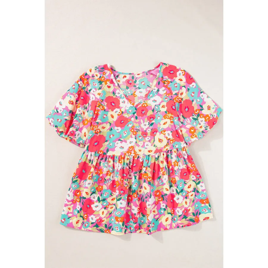 Peplum Floral V-Neck Short Sleeve Blouse