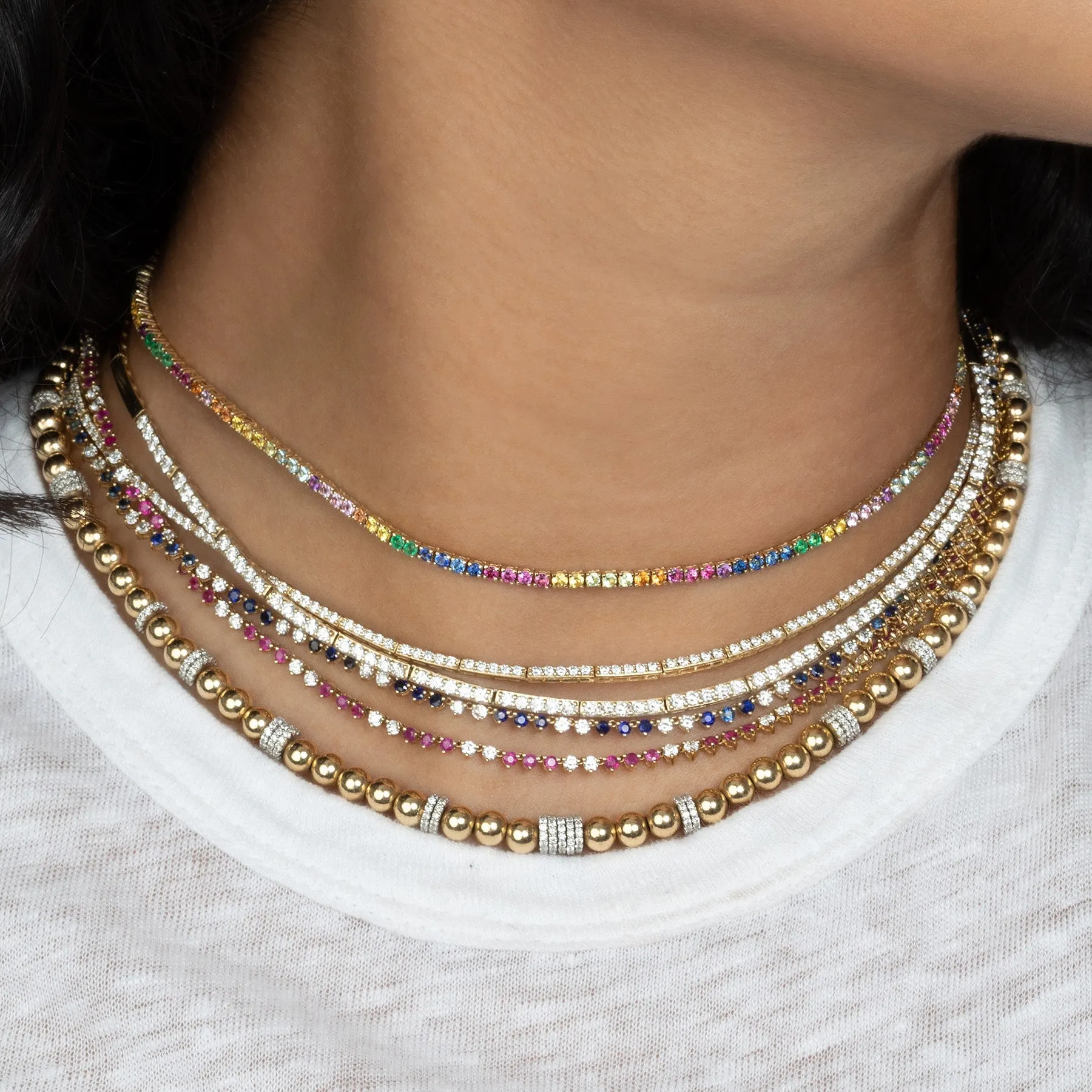 Perfect Personalized Collar Tennis Necklace - Rainbow / 14k Yellow Gold