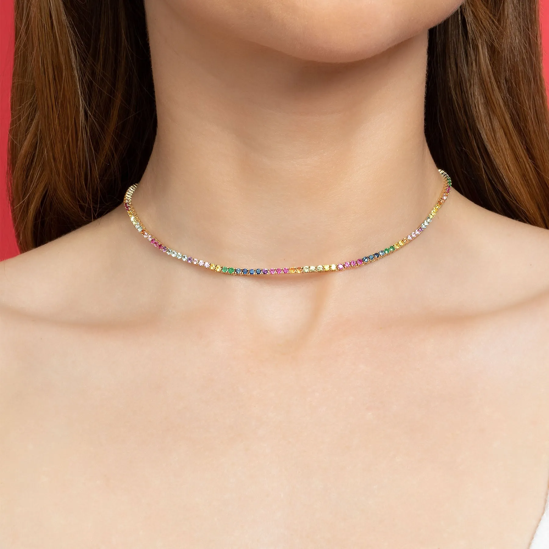 Perfect Personalized Collar Tennis Necklace - Rainbow / 14k Yellow Gold