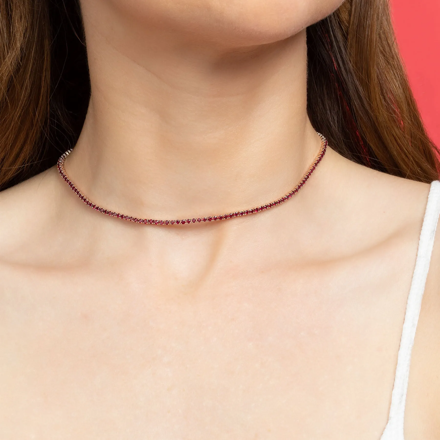 Perfect Personalized Collar Tennis Necklace - Ruby / 14k Rose Gold