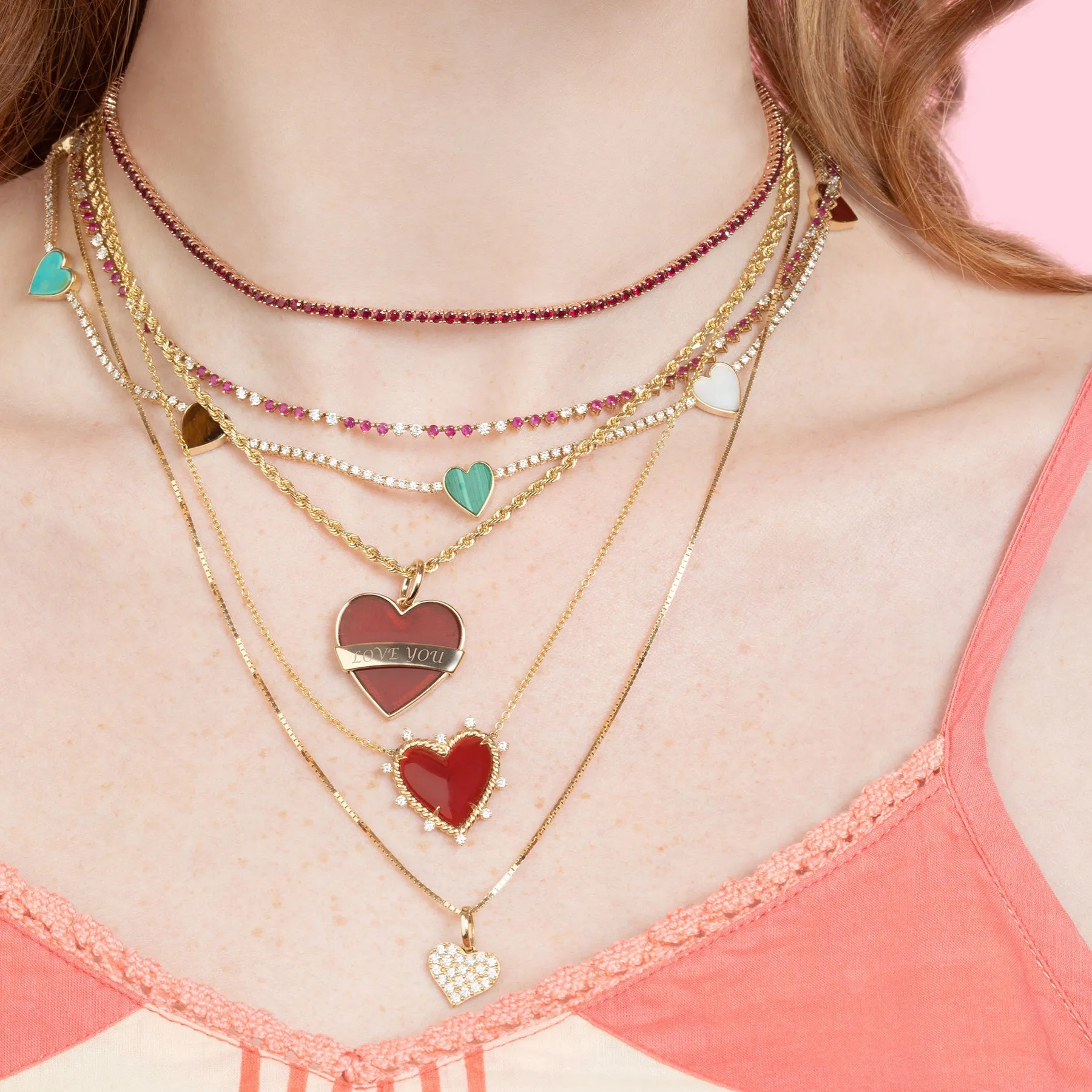 Perfect Personalized Collar Tennis Necklace - Ruby / 14k Rose Gold