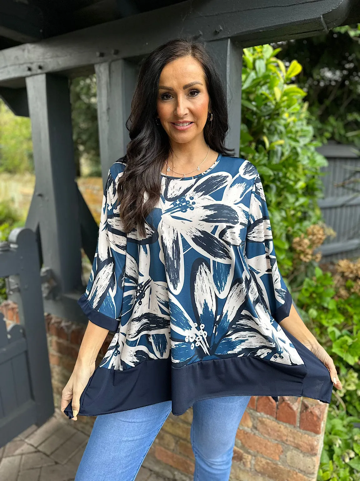 Petrol Blue Sketch Floral Top Debbie