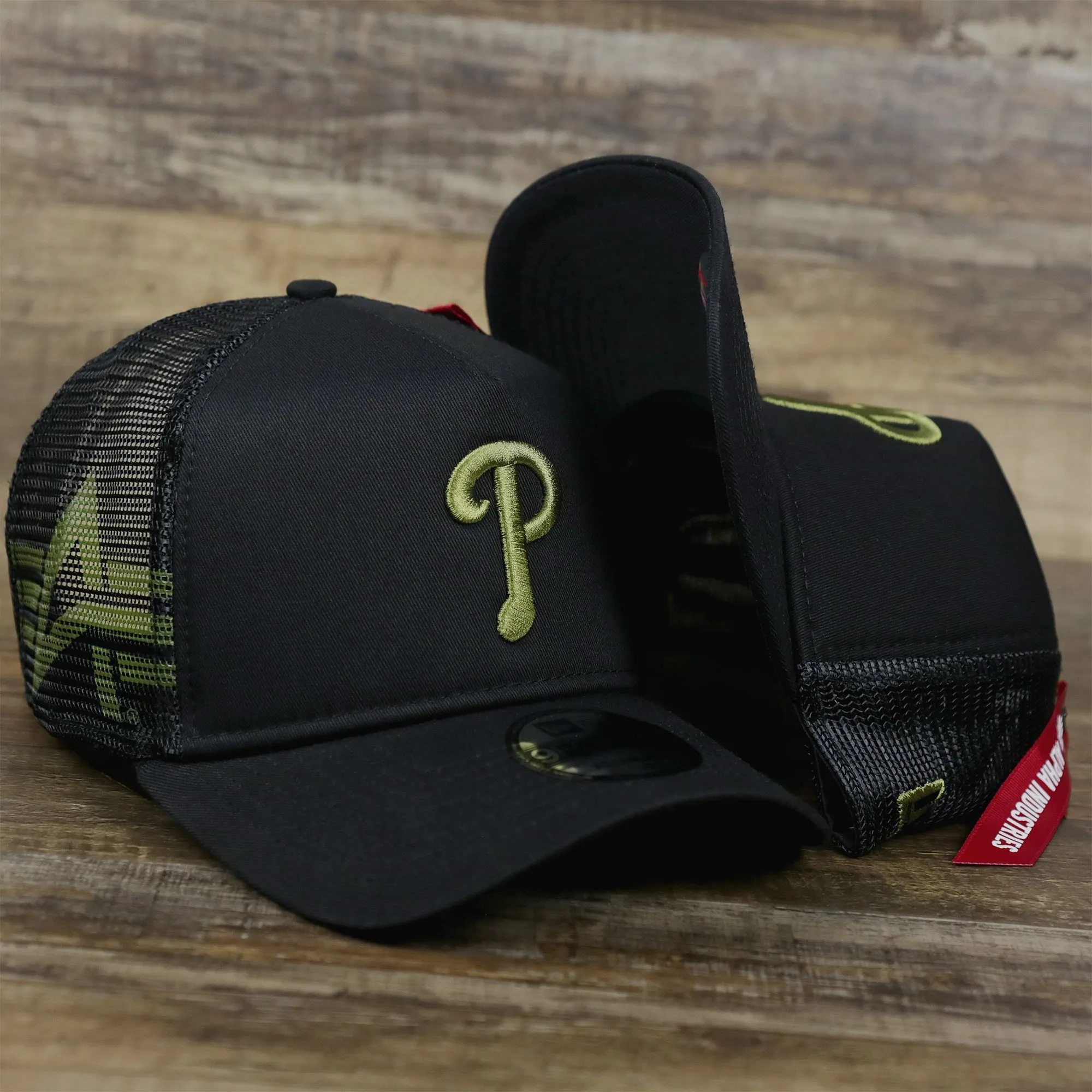 Philadelphia Phillies Alpha Industries Flying A Mesh Print 9Forty Trucker Hat With Flight Tag | Black Trucker Hat