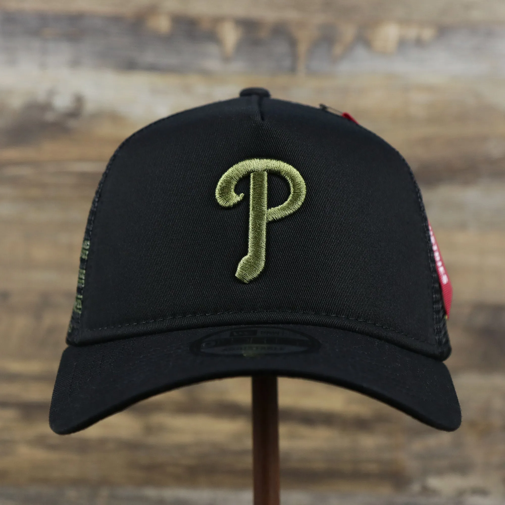 Philadelphia Phillies Alpha Industries Flying A Mesh Print 9Forty Trucker Hat With Flight Tag | Black Trucker Hat