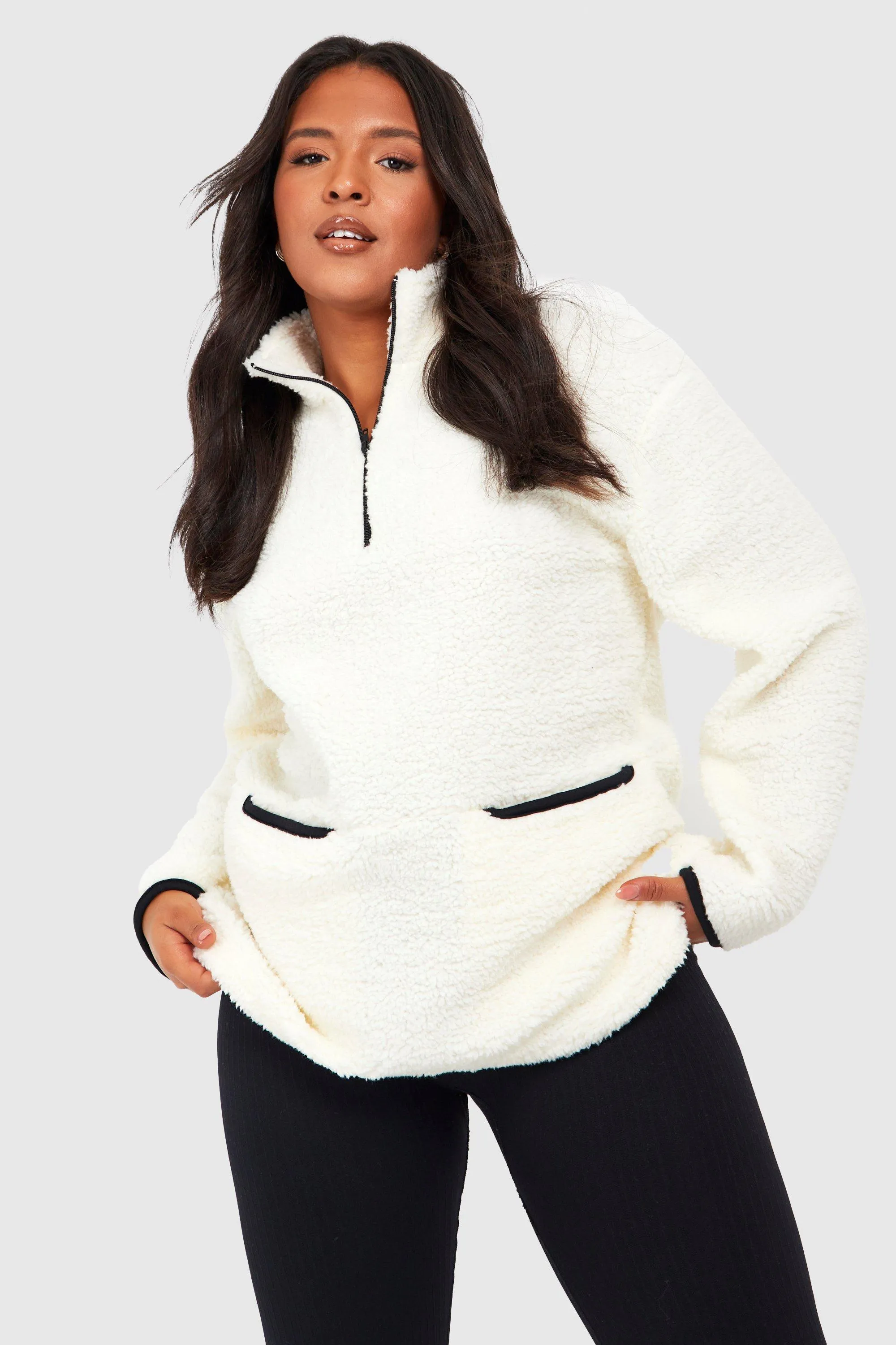 Plus Borg Contrast Half Zip Sweater