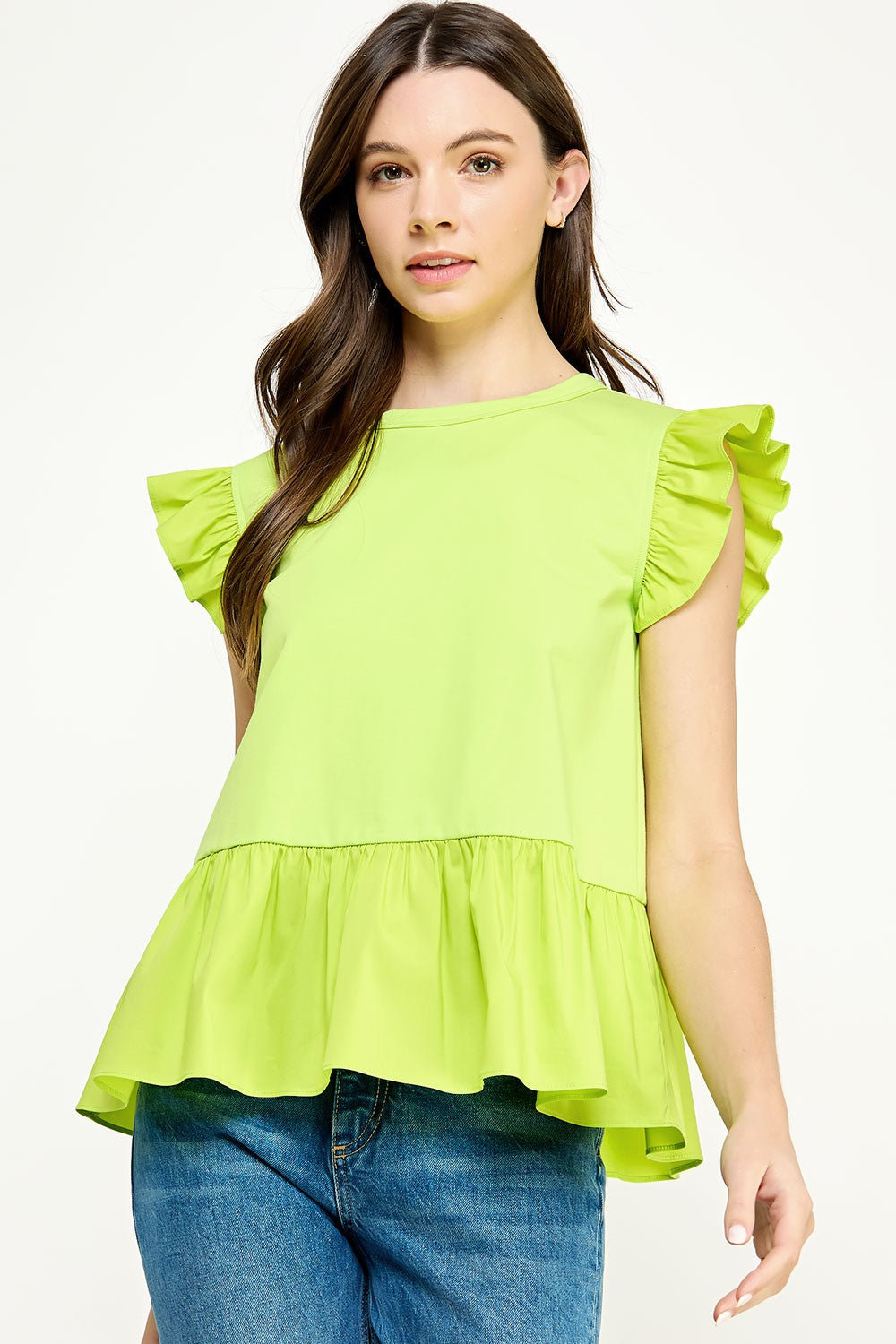 Poplin Contrast Knit Top - Limelight