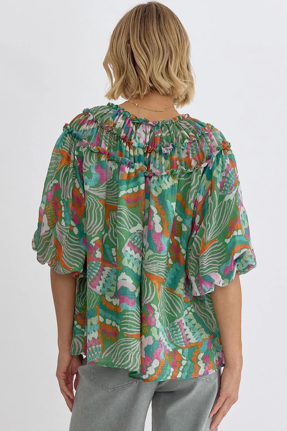 Printed V-Neck Half Sleeve Shirring Detail Top