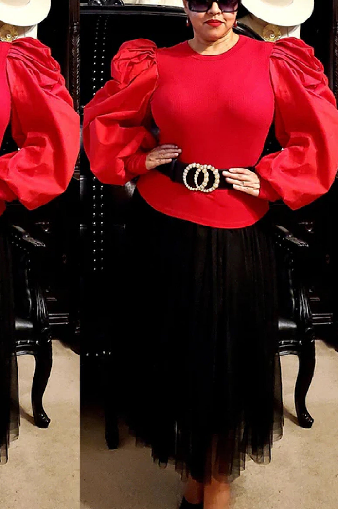 Red Fitted Puff Sleeve Top