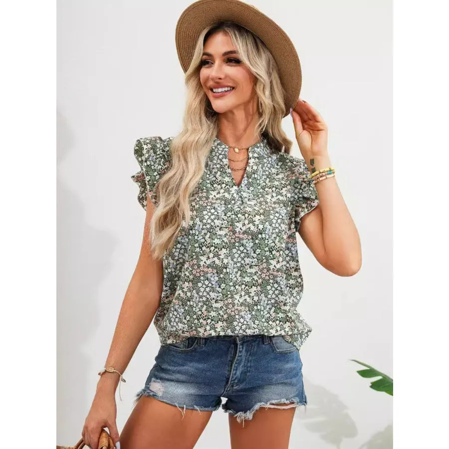 Ruffled Floral Notched Cap Sleeve Blouse