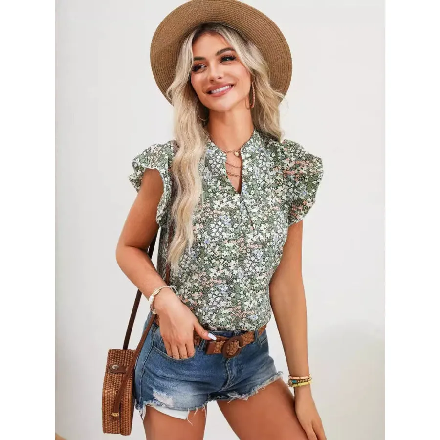 Ruffled Floral Notched Cap Sleeve Blouse