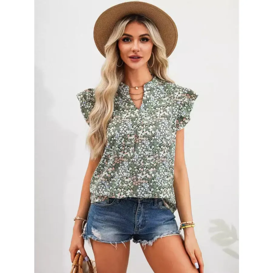 Ruffled Floral Notched Cap Sleeve Blouse