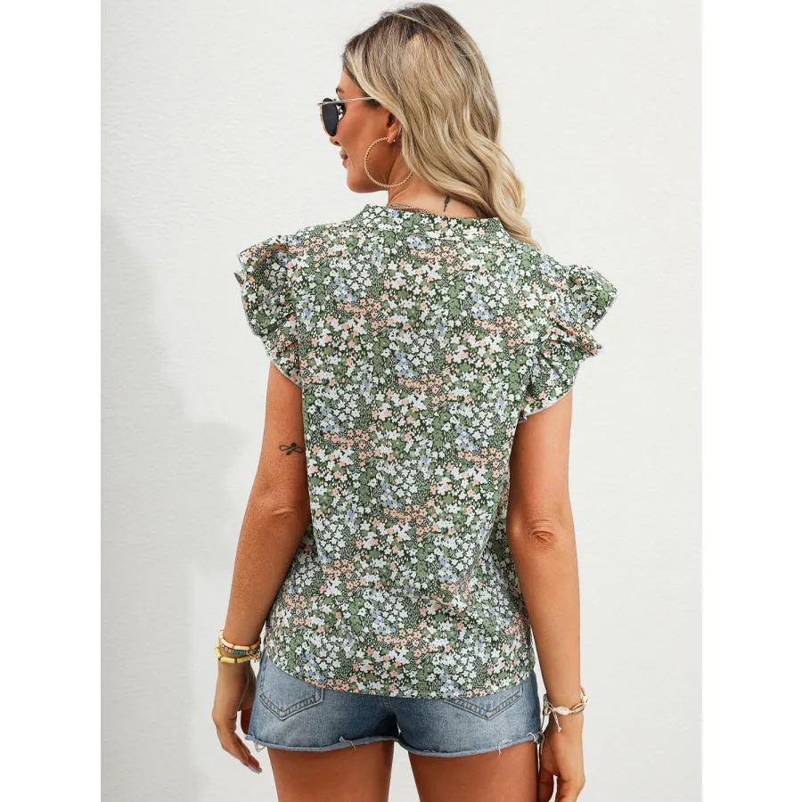 Ruffled Floral Notched Cap Sleeve Blouse