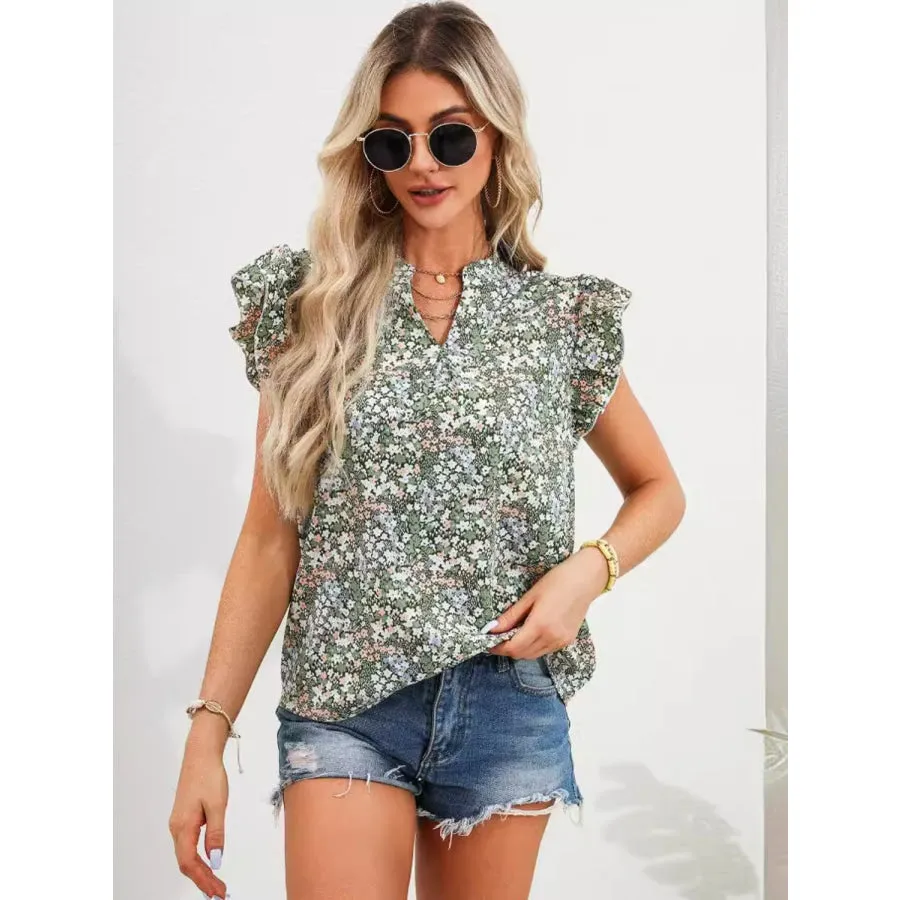 Ruffled Floral Notched Cap Sleeve Blouse