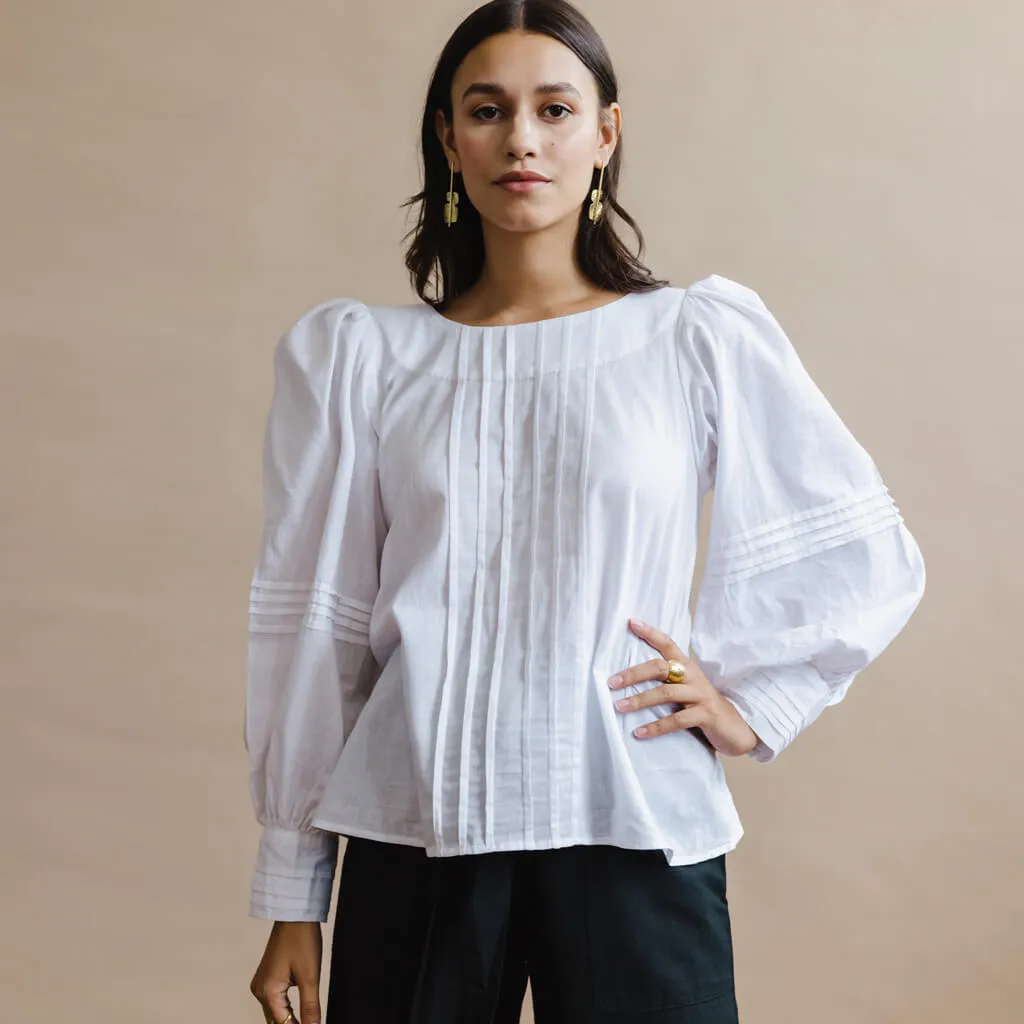 SALE - Pintuck Balloon Sleeve Blouse - White