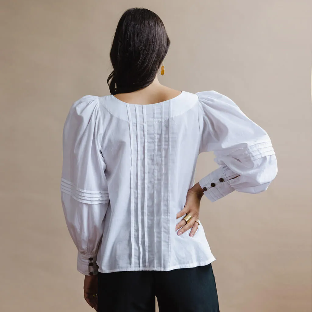 SALE - Pintuck Balloon Sleeve Blouse - White