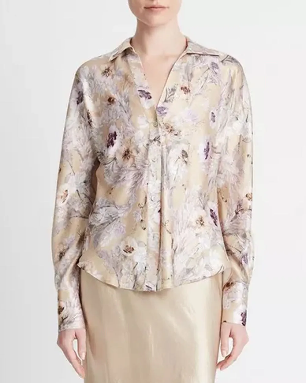 Sand Wild Flower Long Sleeve Bias Blouse