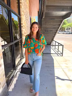 Satin Floral Puff Sleeve Top - Green