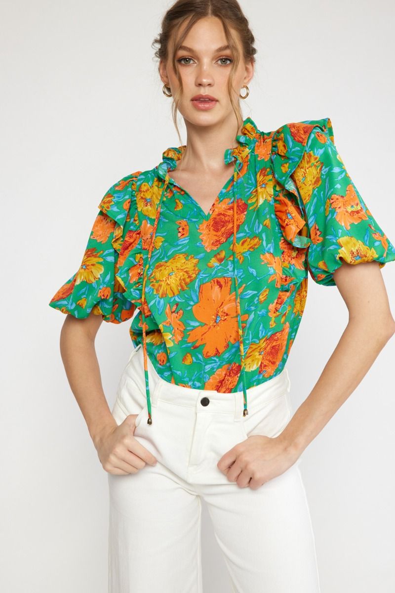 Satin Floral Puff Sleeve Top - Green