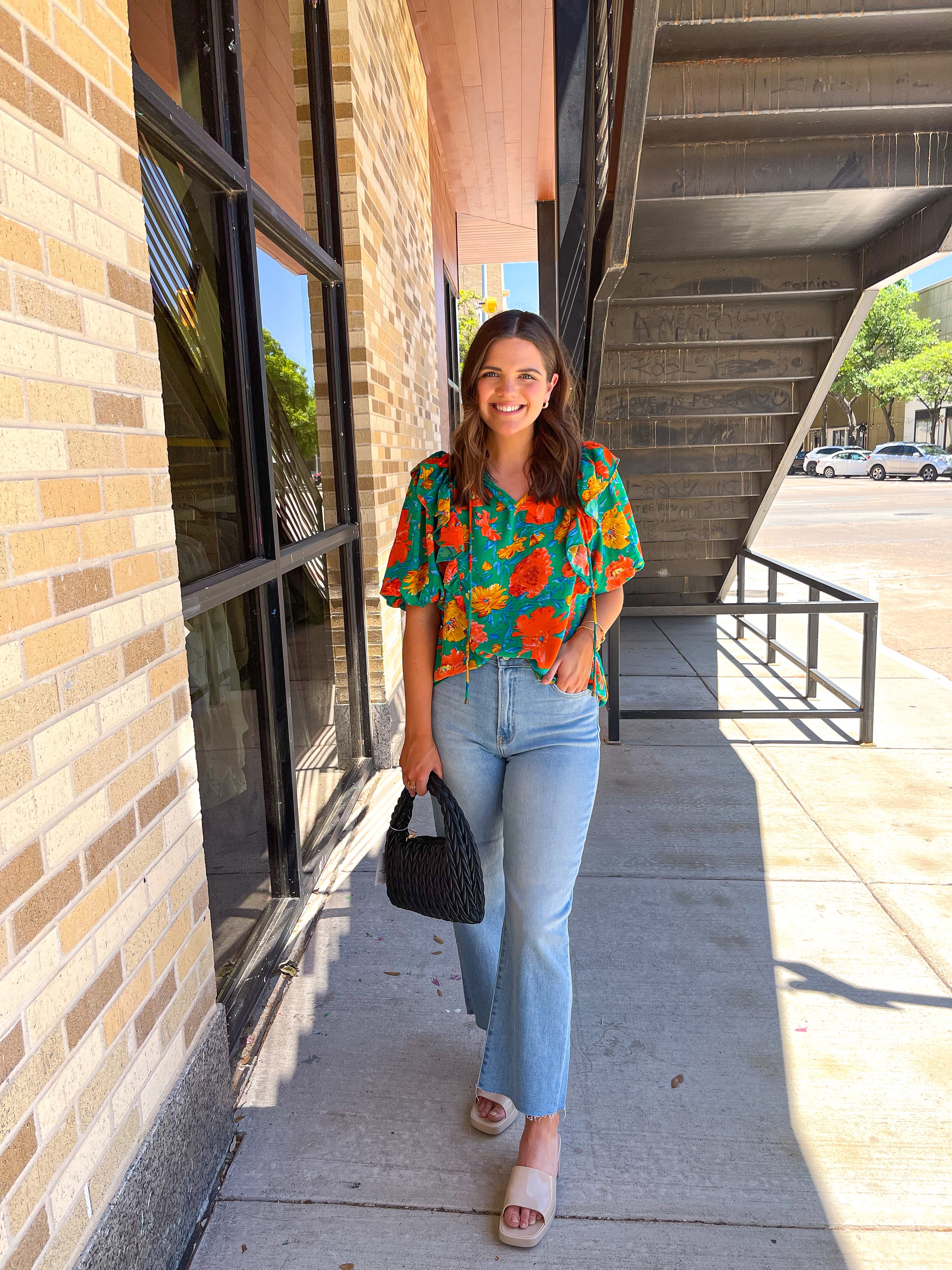 Satin Floral Puff Sleeve Top - Green