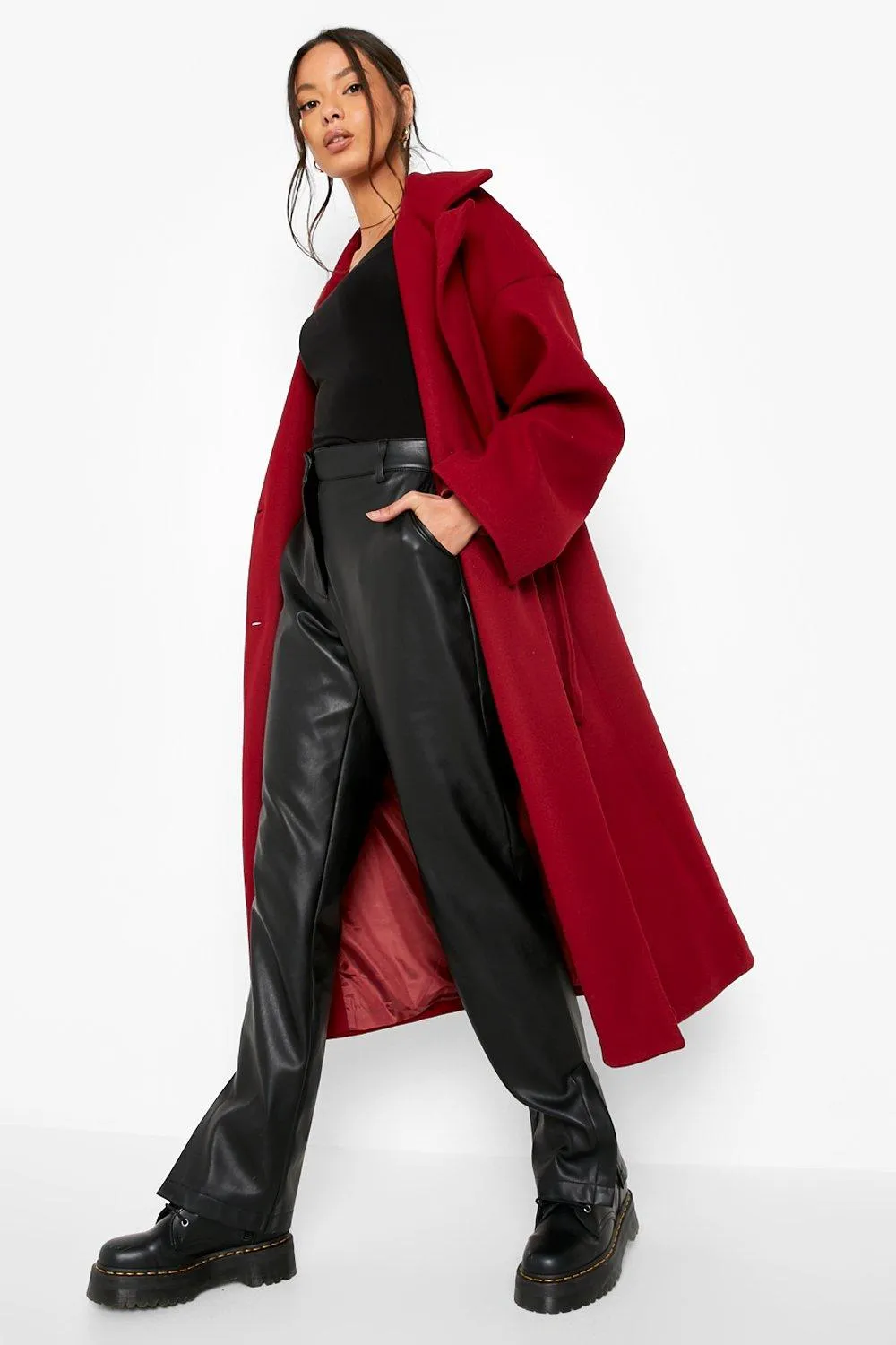 Self Belted Drop Sleeve Wool Look Coat