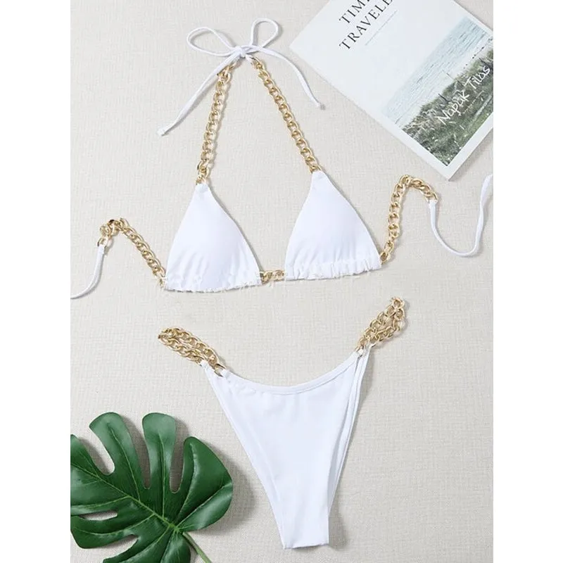 Sexy Brazilian Style Micro Bikini Metal Chain Thong Swimsuit for Women