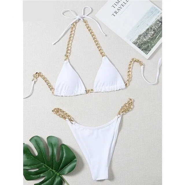 Sexy Brazilian Style Micro Bikini Metal Chain Thong Swimsuit for Women