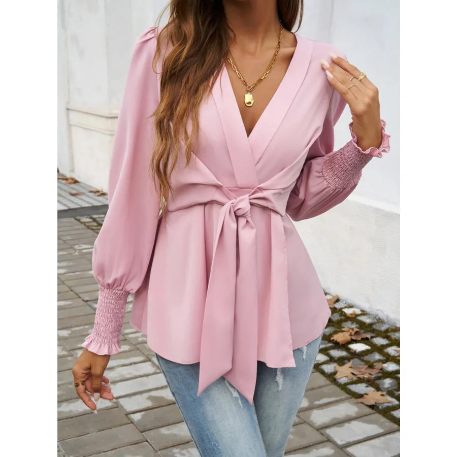 Smocked Surplice Long Sleeve Blouse