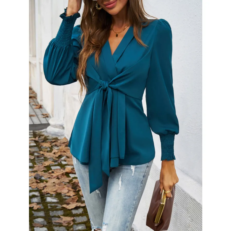 Smocked Surplice Long Sleeve Blouse