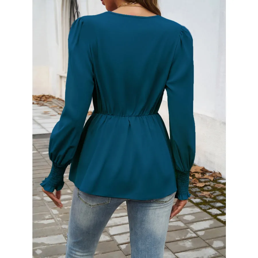 Smocked Surplice Long Sleeve Blouse