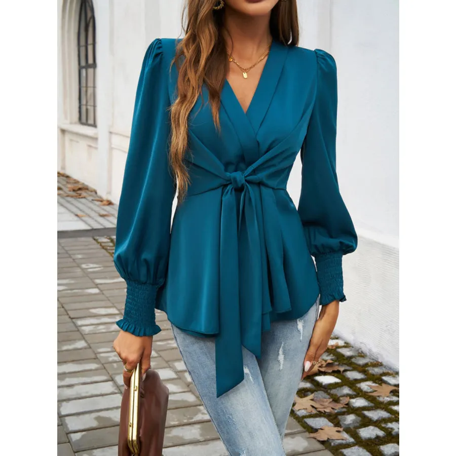 Smocked Surplice Long Sleeve Blouse