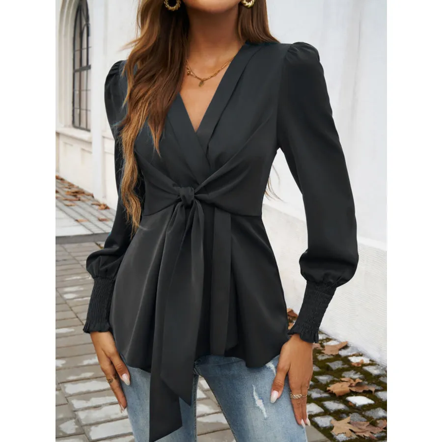 Smocked Surplice Long Sleeve Blouse