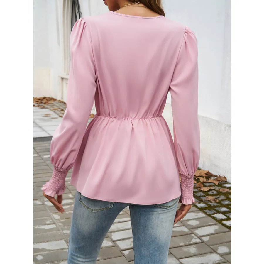 Smocked Surplice Long Sleeve Blouse