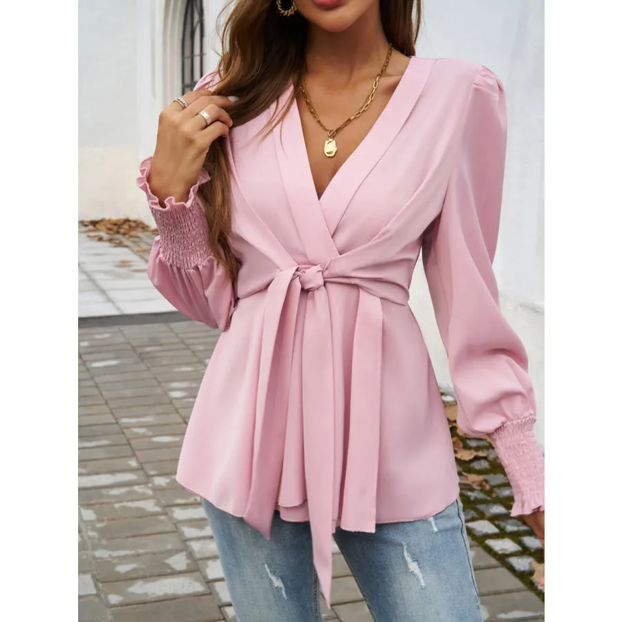 Smocked Surplice Long Sleeve Blouse