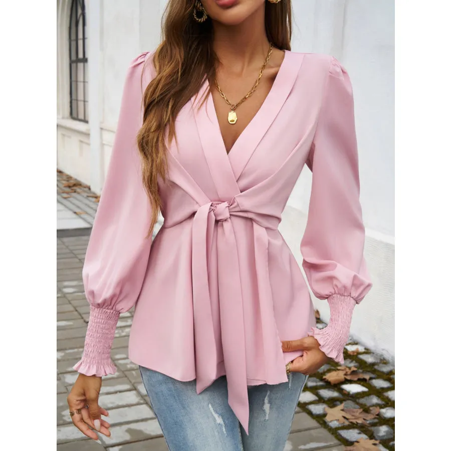 Smocked Surplice Long Sleeve Blouse