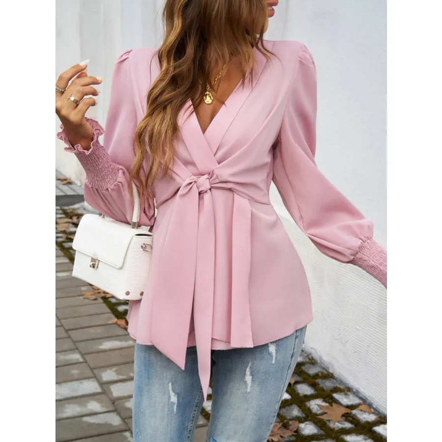 Smocked Surplice Long Sleeve Blouse