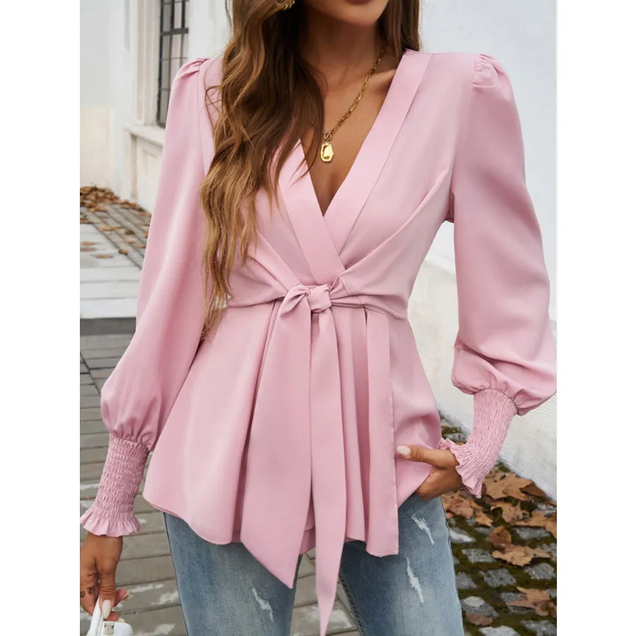 Smocked Surplice Long Sleeve Blouse