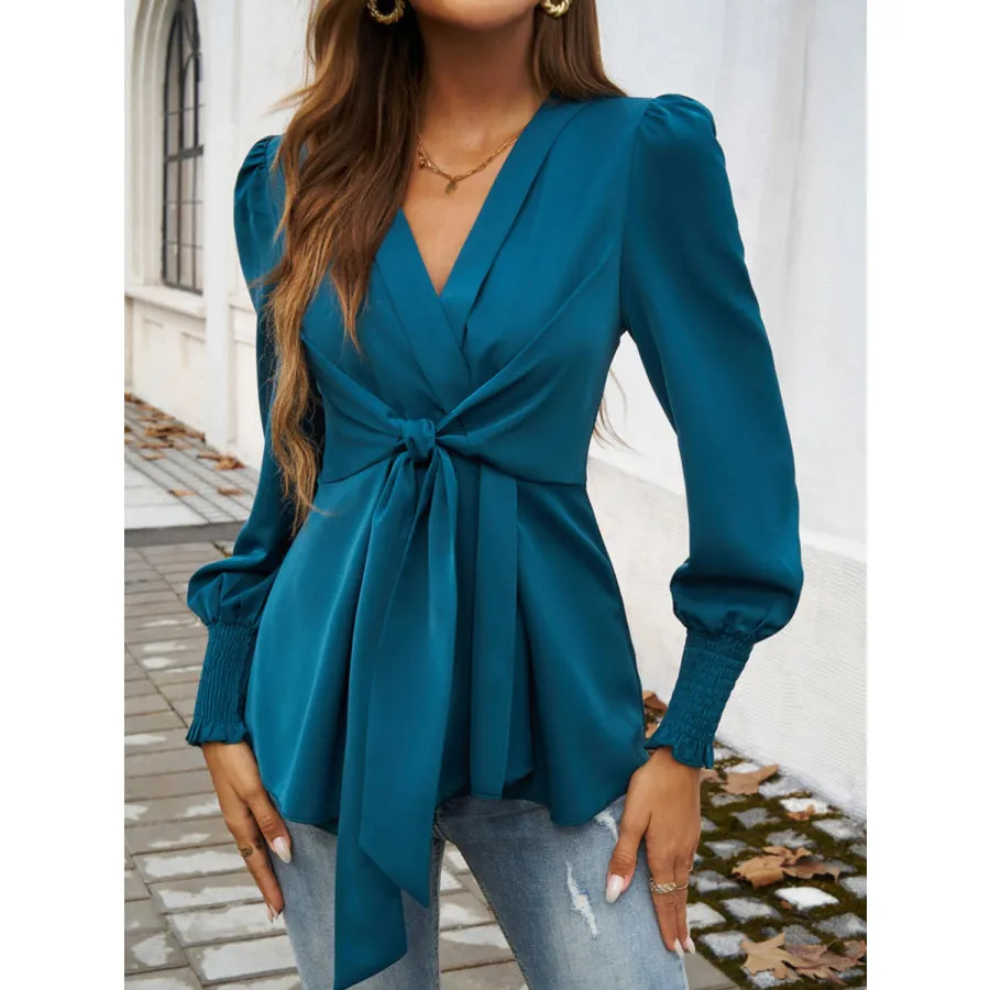 Smocked Surplice Long Sleeve Blouse