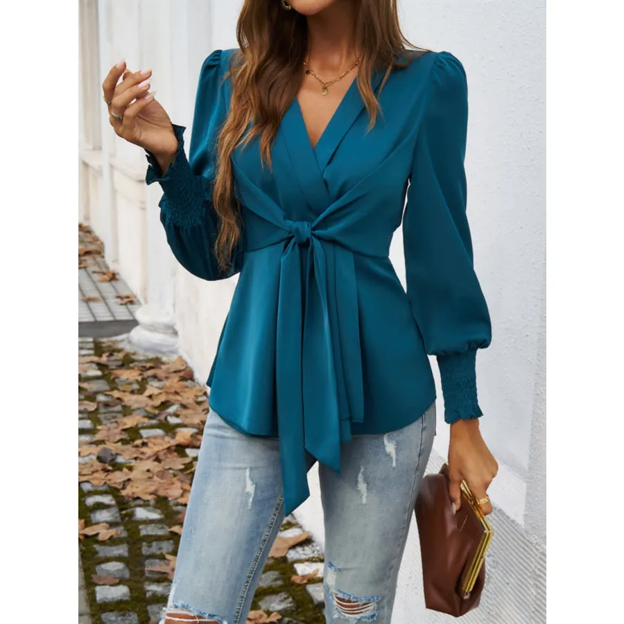 Smocked Surplice Long Sleeve Blouse